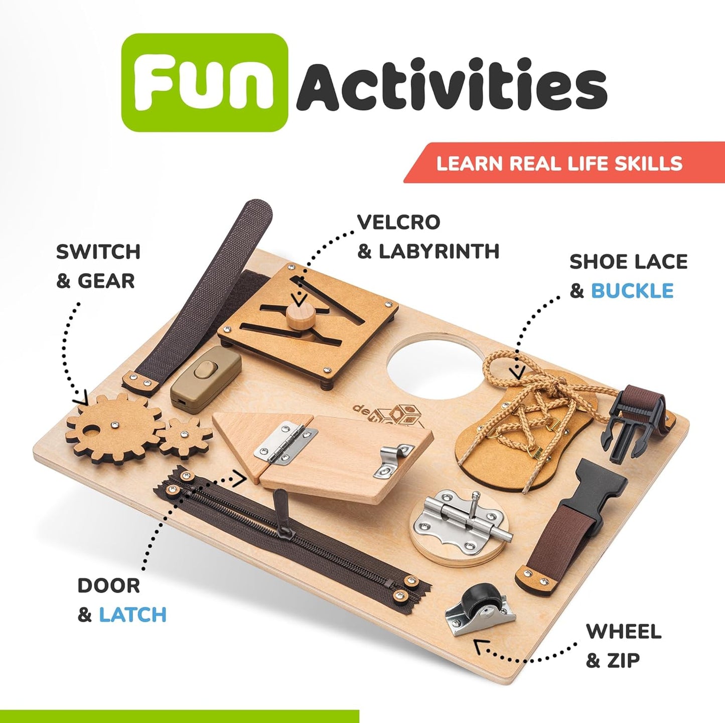 Busy Board Montessori Toys for Toddlers, Premium Sensory Wooden Baby Busy Board for 1 2 3 Year Old with 10 Learning Activities for Fine Motor Skills, Airplane Travel Toy, Gift for Boys & Girls