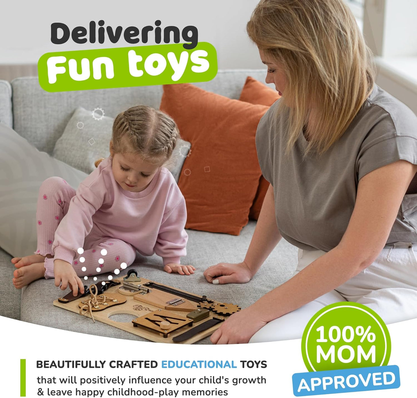 Busy Board Montessori Toys for Toddlers, Premium Sensory Wooden Baby Busy Board for 1 2 3 Year Old with 10 Learning Activities for Fine Motor Skills, Airplane Travel Toy, Gift for Boys & Girls