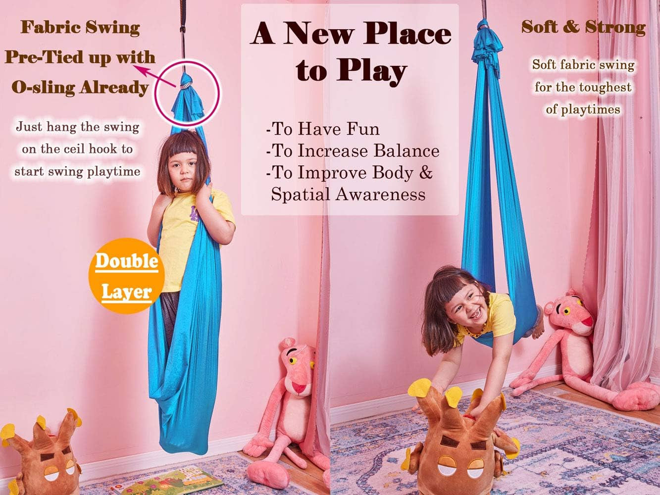 Sensory Swing Indoor + 360° Swivel Hanger Hardware, Double-Layer Lycra Hammock Swings for Kids to Play & Calm, Hanging Therapy Swing for Autism Child with Special Needs