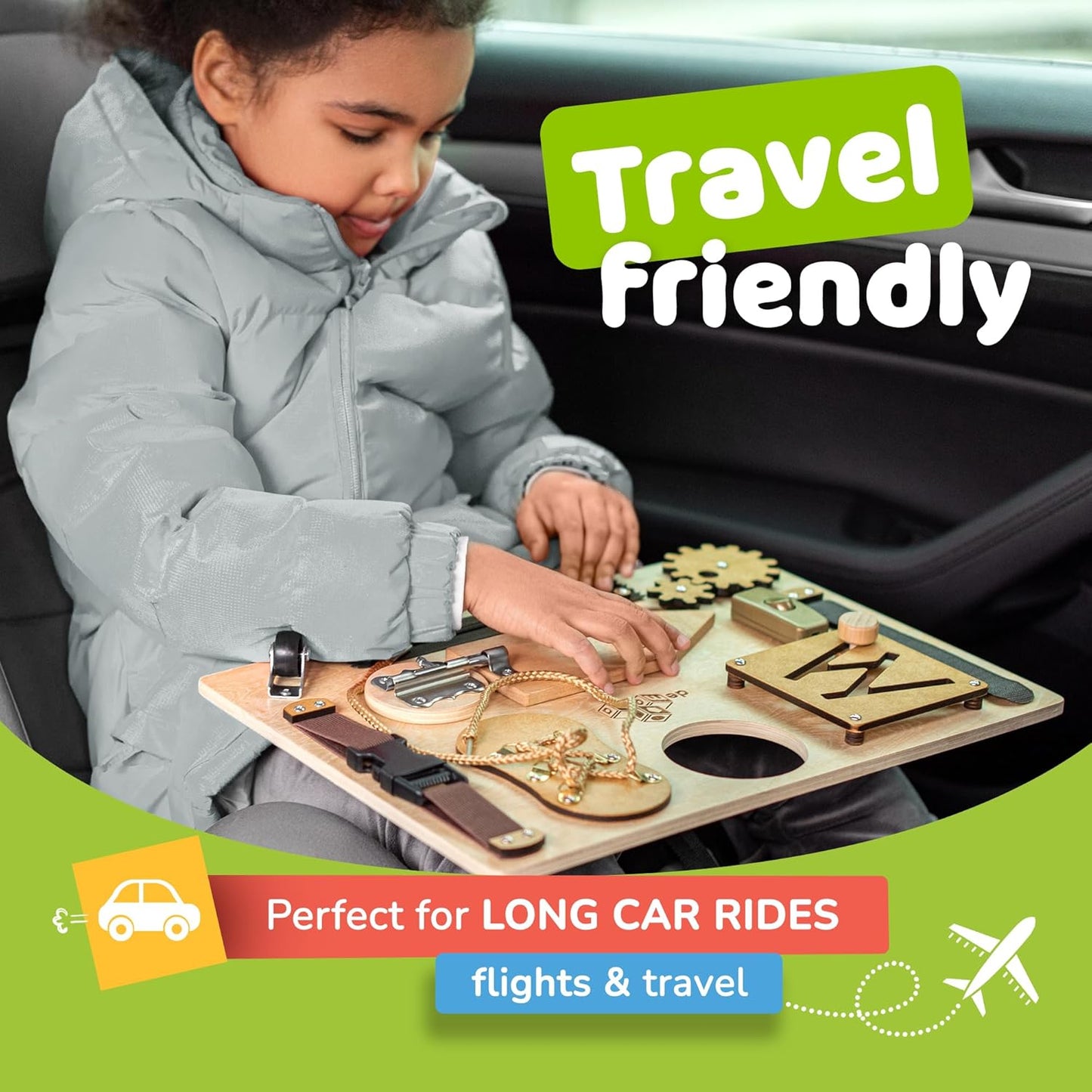 Busy Board Montessori Toys for Toddlers, Premium Sensory Wooden Baby Busy Board for 1 2 3 Year Old with 10 Learning Activities for Fine Motor Skills, Airplane Travel Toy, Gift for Boys & Girls