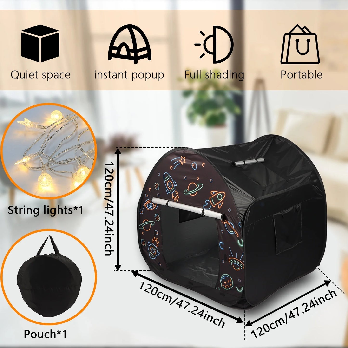 Pop-Up Sensory Tent for Kids, 47X47In Calm down Corner Tent for Autism, Anxiety, ADHD, SPD, Black Out Sensory Room Play Tents with Door & Window