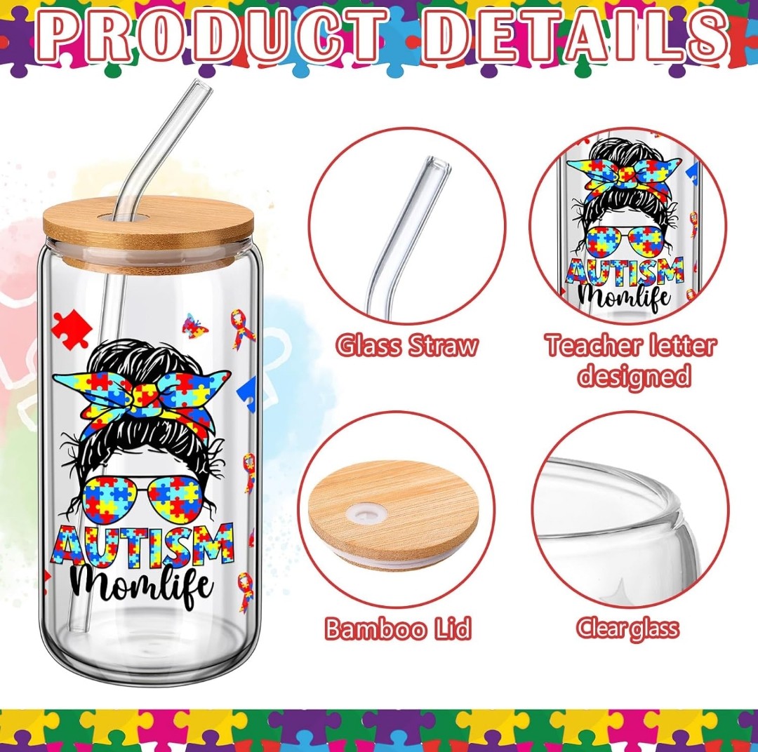 Autism Mom Gift Tumbler 16 oz Autism Awareness Glass Cup with Lid and Straw Can Shape Autistic Iced Coffee Cup for Autistic Mom
Style: Autism