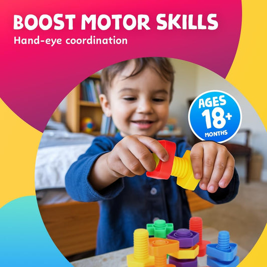 24-Piece Nuts and Bolts - Montessori Motor Skill Set for 18 Month+ Kids with Ebook
