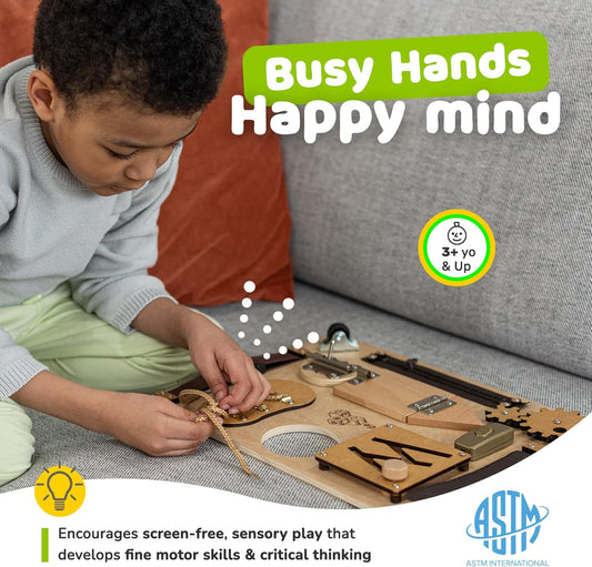 Busy Board Montessori Toys for Toddlers, Premium Sensory Wooden Baby Busy Board for 1 2 3 Year Old with 10 Learning Activities for Fine Motor Skills, Airplane Travel Toy, Gift for Boys & Girls