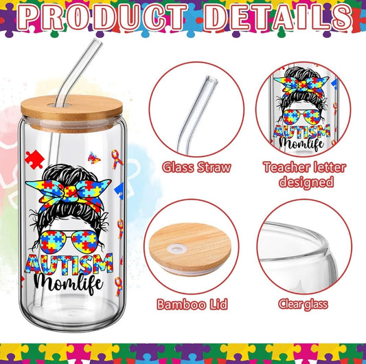 Autism Mom Gift Tumbler 16 oz Autism Awareness Glass Cup with Lid and Straw Can Shape Autistic Iced Coffee Cup for Autistic Mom 
Style: Autism